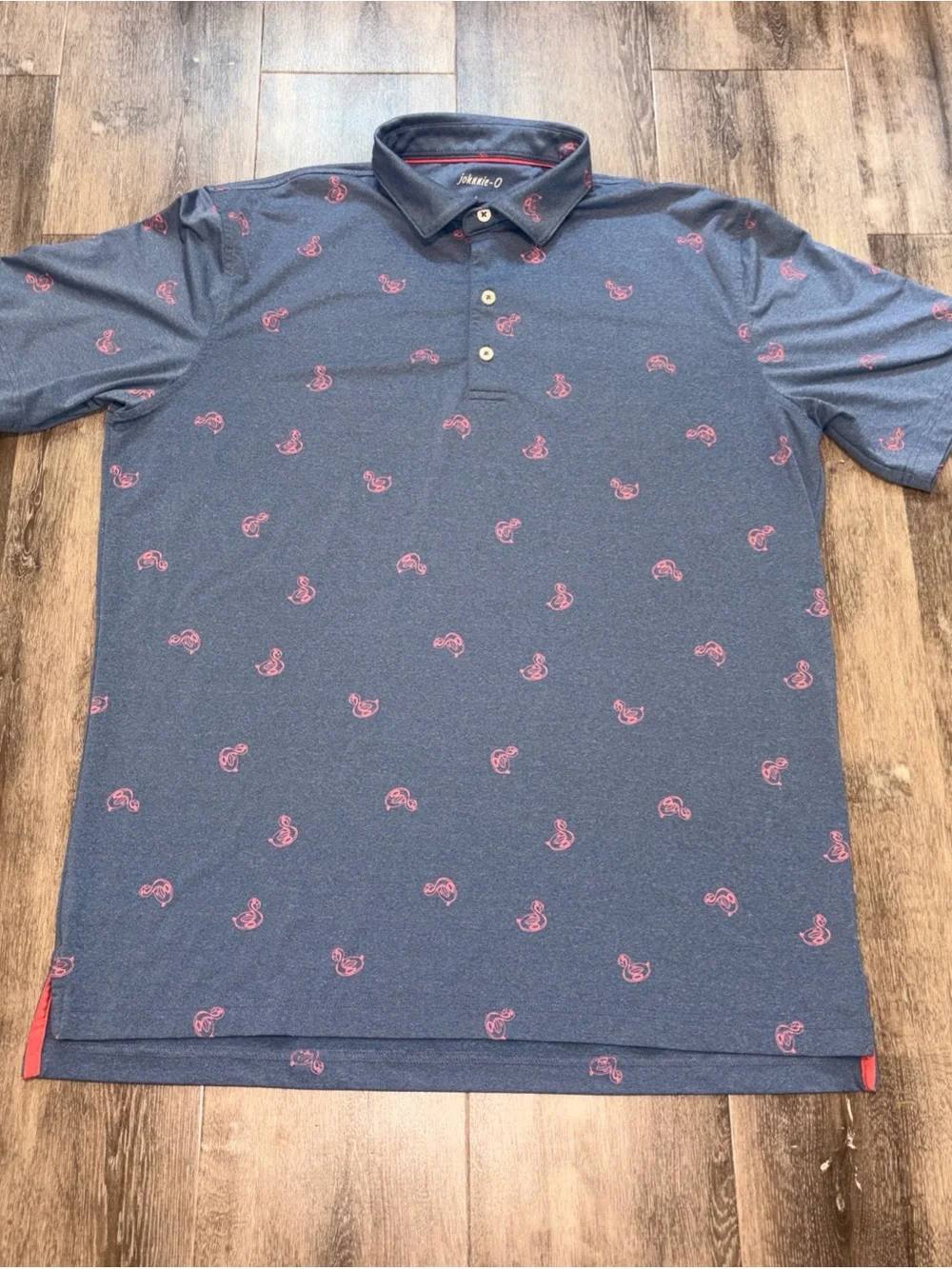 Johnnie-O Polo Shirt Mens L Golf Blue Stretch sun protection UPF 50 Flamingo